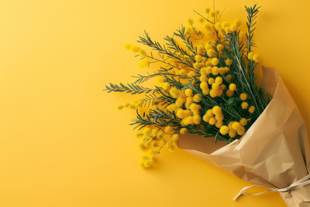 A charming bouquet of vibrant mimosa flowers is beautifully wrapped in craft paper, resting against a bright yellow backdrop that enhances their sunny appeal.の素材