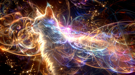 A cat's soul gracefully floats through a vibrant and colorful cosmos, surrounded by radiant swirls of energy and stars.の素材
