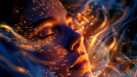 A close-up reveals a serene face with closed eyes, illuminated by soft, glowing patterns that create a magical feel in a dim setting.の素材