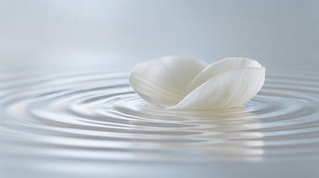 A delicate white flower petal rests on the surface of still water, creating gentle ripples and evoking calmness and grace in a high-fashion context.の素材