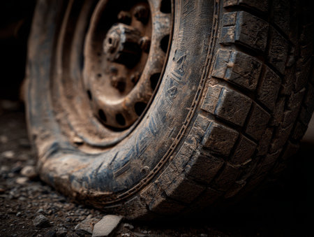 This detailed shot showcases a worn tire on a gravel surface, highlighting dirt and wear from rough terrain. It captures the texture and ruggedness of outdoor travel.の素材