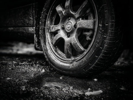 A close-up shows a dirty tire of a parked car on a gritty surface. The wet conditions reflect the surrounding environment, creating a moody atmosphere.の素材