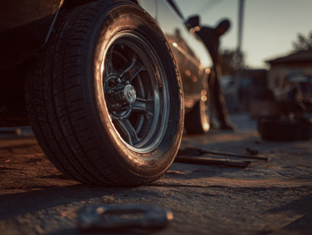 A close view of a shiny tire resting on a workshop floor, with tools scattered around as the sun sets in the background, hinting at a busy repair session.の素材
