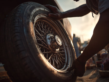 A skilled individual works on replacing a tire in the warm glow of sunset, showing the intricacies of the wheel and tools used for the task.の素材