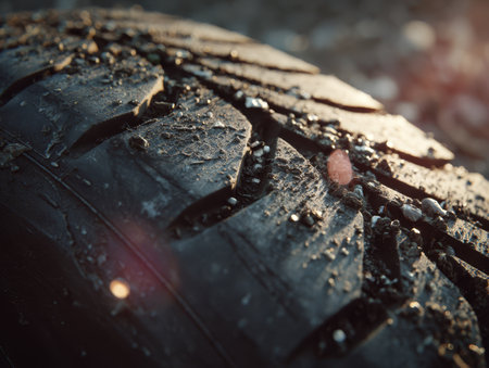 Close-up view of a flat tire on a gravel road during sunset, highlighting the tread and dirt on the surface, emphasizing the need for repair or replacement.の素材