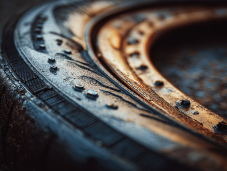 A flat tire lies on a damp surface, highlighting the intricate patterns of the rubber along with raindrops, capturing the mood of a cool evening.の素材