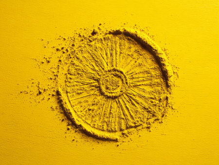 A circular pattern appears on a bright yellow background, formed by fine yellow powder. The design features lines radiating from the center, creating an artistic look.の素材