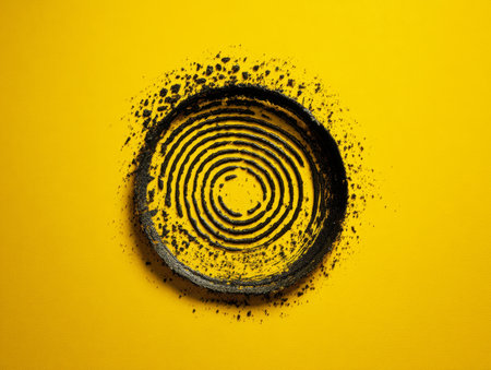 Dark powder is arranged in a spiral pattern on a vibrant yellow background, creating a striking contrast. This artistic arrangement draws the eye and inspires creativity.の素材