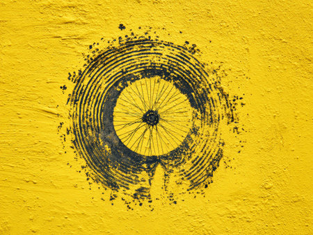 A bicycle wheel imprint appears prominently on a vibrant yellow wall, highlighting urban creativity and design. This striking art adds color and character to the space.の素材