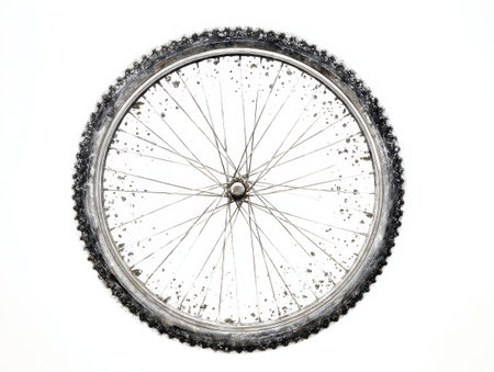 A bicycle wheel is shown against a white background, featuring noticeable dirt marks that highlight its use and movement in various terrains over time.の素材
