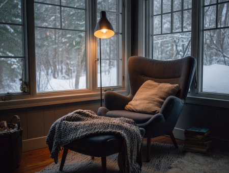 A comfortable reading nook features a modern armchair, soft blanket, and lamp, inviting relaxation while snow falls gently outside the large windows.の素材