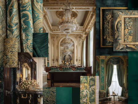 This design inspiration board features a blend of rich fabrics and intricate patterns, highlighting luxurious styles in a beautifully styled classic interior.の素材