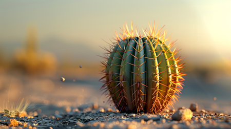 Cactus stands alone on a sandy desert ground, capturing sunlight in a serene landscape, emphasizing its resilience in a harsh environment at dusk.の素材
