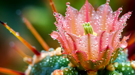 Bright cactus flower in full bloom shows delicate petals with drops of water on them, surrounded by spiky green cactus in a sunny landscape.の素材