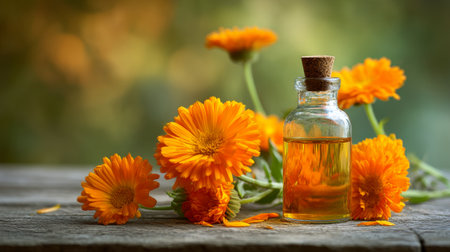 Calendula flowers in vivid orange surround a small bottle of homeopathic oil, illuminated by gentle sunlight on a rustic wooden table, highlighting nature's remedies.の素材