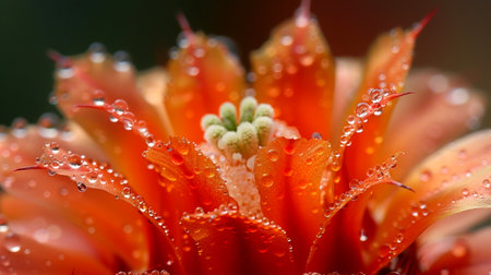 Bright orange cactus flower showcases intricate petals and delicate dew drops glistening in soft daylight, highlighting nature's beauty in a close-up perspective.の素材