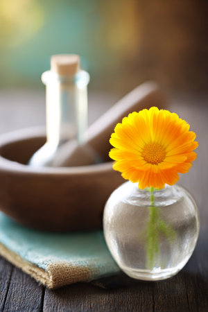 Calendula flower sits in a clear vase beside a wooden bowl and pestle, highlighting the beauty of natural homeopathic treatments and herbal wellness practices.の素材