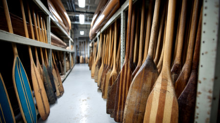 Rows of wooden paddles are organized on shelves in a clean, bright storage space, showing their craftsmanship and history in this serene environment.の素材