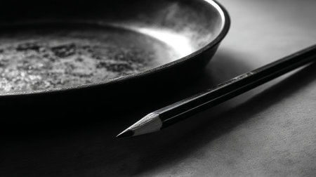 A round black plate rests on a wooden table next to a sharp pencil, creating a calm, focused atmosphere perfect for creativity or reflection.の素材