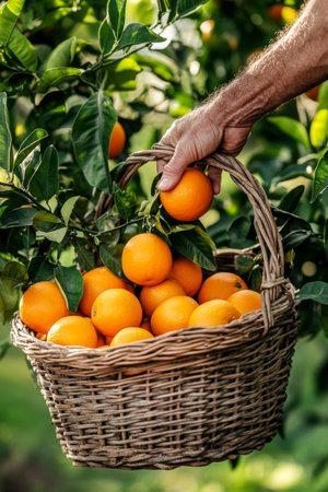 A farmer's hand carefully selects a bright orange from a tree, filling a woven basket with ripe fruit under warm sunlight in a lush orchard.の素材