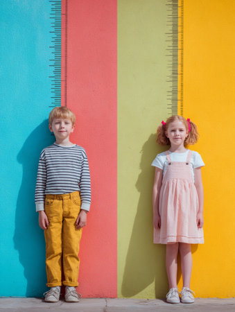 Two children stand next to vibrant walls, measuring their heights with smiles. The atmosphere is playful, showcasing bright colors on a sunny day outdoors.の素材