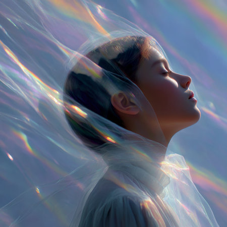 A translucent being gently surrounded by delicate veils reflects soft light, creating a tranquil atmosphere in an ethereal location.の素材