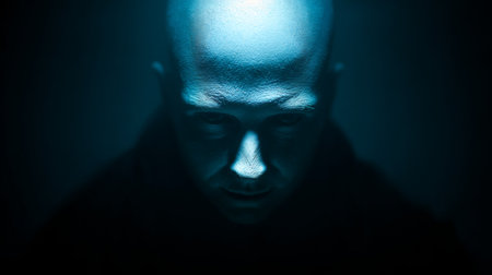 A figure with a shrouded face and pale skin stands in darkness, evoking a sense of mystery and intrigue. The dim lighting highlights a tense yet calm presence.の素材