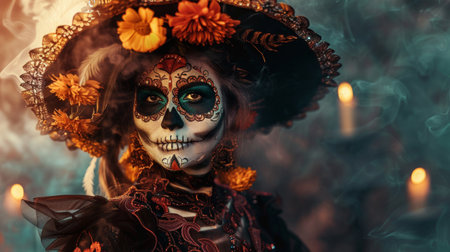 A Catrina figure showcases stunning skull makeup with vibrant flowers, set against a mysterious background filled with candlelight during a night festivity.の素材