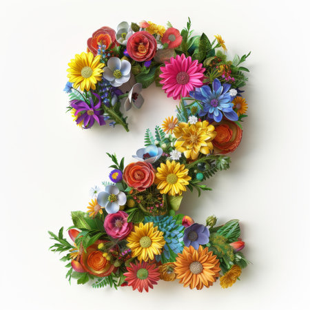 A stunning formation of various flowers creates the number two, celebrating springtime beauty with vivid colors and natural elegance, adorned with lush greenery.の素材