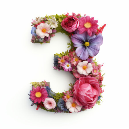 A stunning display of colorful flowers shapes the number three, featuring lush petals and greenery, perfect for celebrations or special occasions.の素材
