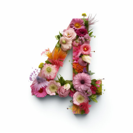 A lively display of colorful flowers forms the shape of the number four, set against a bright white background, showing the elegance of spring blooms.の素材
