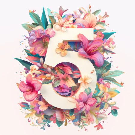 A bright and cheerful collection of flowers wraps around the number five, showing various blooms in vivid colors against a clean white background, evoking joy.の素材