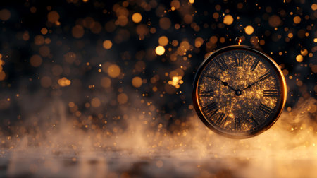 A glowing clock set against a backdrop of shimmering lights symbolizes new beginnings. The abstract design evokes feelings of hope and change in a dreamlike scene.の素材