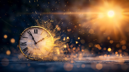 A clock emerges from vibrant splashes of color and light, representing the journey of time and the excitement of new beginnings, inviting fresh opportunities and change.の素材