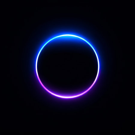 A striking minimalist logo design with a glowing geometric circle highlighted in blue and purple, set against an entirely dark backdrop, creating a modern look.の素材