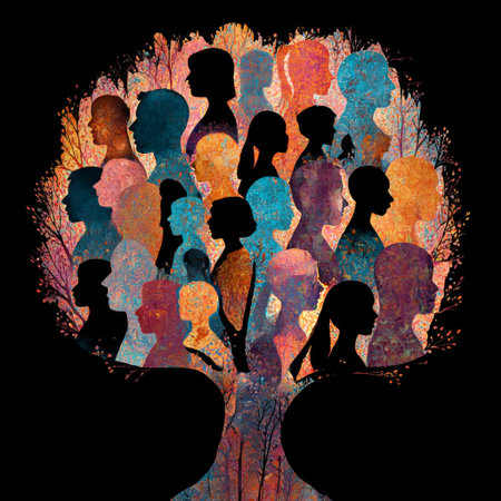 This vibrant family tree showcases numerous colorful silhouettes of individuals, symbolizing connections and relationships across generations in a creative manner.の素材