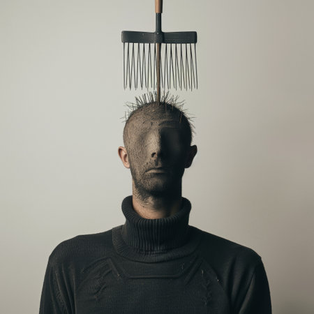 A man stands still in a dimly lit room with a rake sticking out of his head. The stark contrast creates a unique visual that captivates and challenges perception.の素材