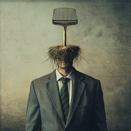A man dressed in a suit stands still as a rake protrudes from his head, surrounded by a nest of grass. The scene conveys a mix of humor and absurdity.の素材