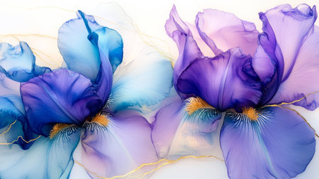Detailed alcohol ink design features captivating blue and purple flowers with thin metallic outlines, creating a stunning visual effect.の素材