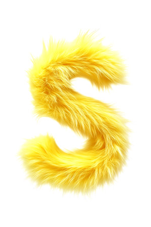 A cute yellow fluffy letter S stands out against a pure white background, showing a playful and adorable design.の素材