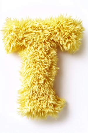 Soft and fluffy yellow letter T is prominently displayed on a pure white backdrop, highlighting its cheerful appearance and texture.の素材