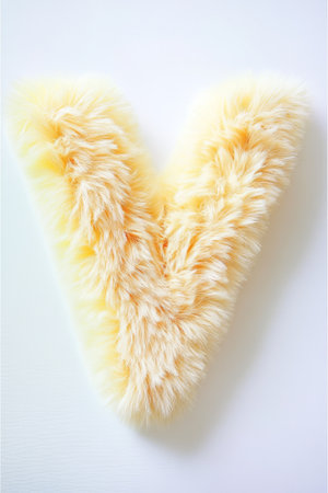 Fluffy yellow letter V stands out on a pure white background, adding a playful and cheerful touch to any space.の素材