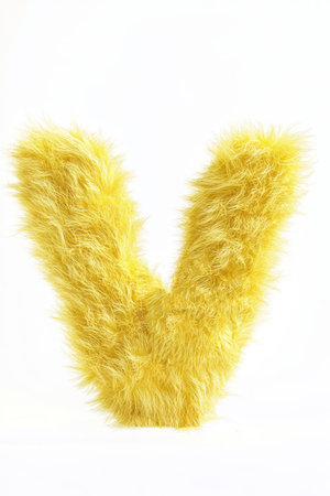 Bright yellow fluffy V stands out against a clean white backdrop, adding a playful and lively touch to any space.の素材
