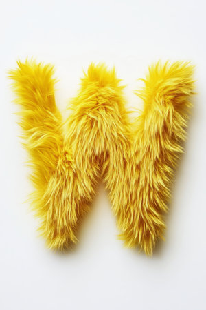 A bright yellow fluffy letter W stands out against a clean white background, adding a cheerful and whimsical touch to decor or branding.の素材