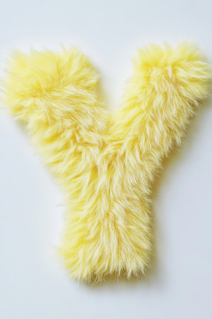 Bright yellow fluffy letter Y stands out against a clean white background, highlighting a playful and vibrant design element for decor.の素材