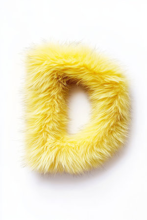 The letter D is crafted from soft yellow fur, presented on a clean white backdrop that enhances its playful charm.の素材