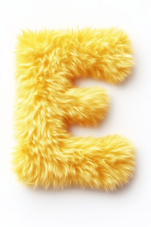 Yellow fluffy letter E stands prominently on a white backdrop, emphasizing its playful design and inviting texture, perfect for decoration.の素材