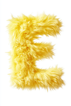 A fluffy yellow letter E showcases its soft fur texture, standing out vibrantly on a bright white background, inviting playful curiosity.の素材