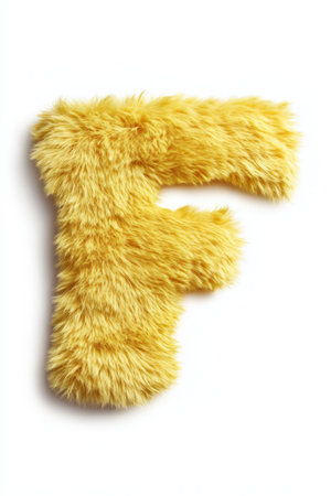 Vivid yellow fluffy letter F stands out prominently on a plain white backdrop, adding a cheerful touch to decoration or design elements.の素材