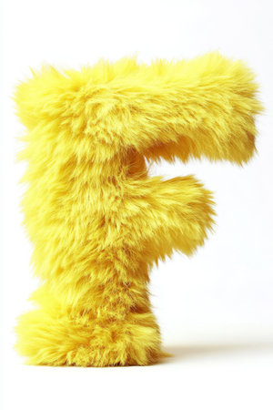 A bright yellow fluffy letter F stands upright against a pure white background, highlighting its soft texture and playful appearance.の素材